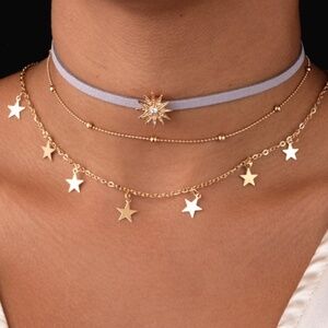 **KIANA* Purple x Gold Star Layered Choker Necklace